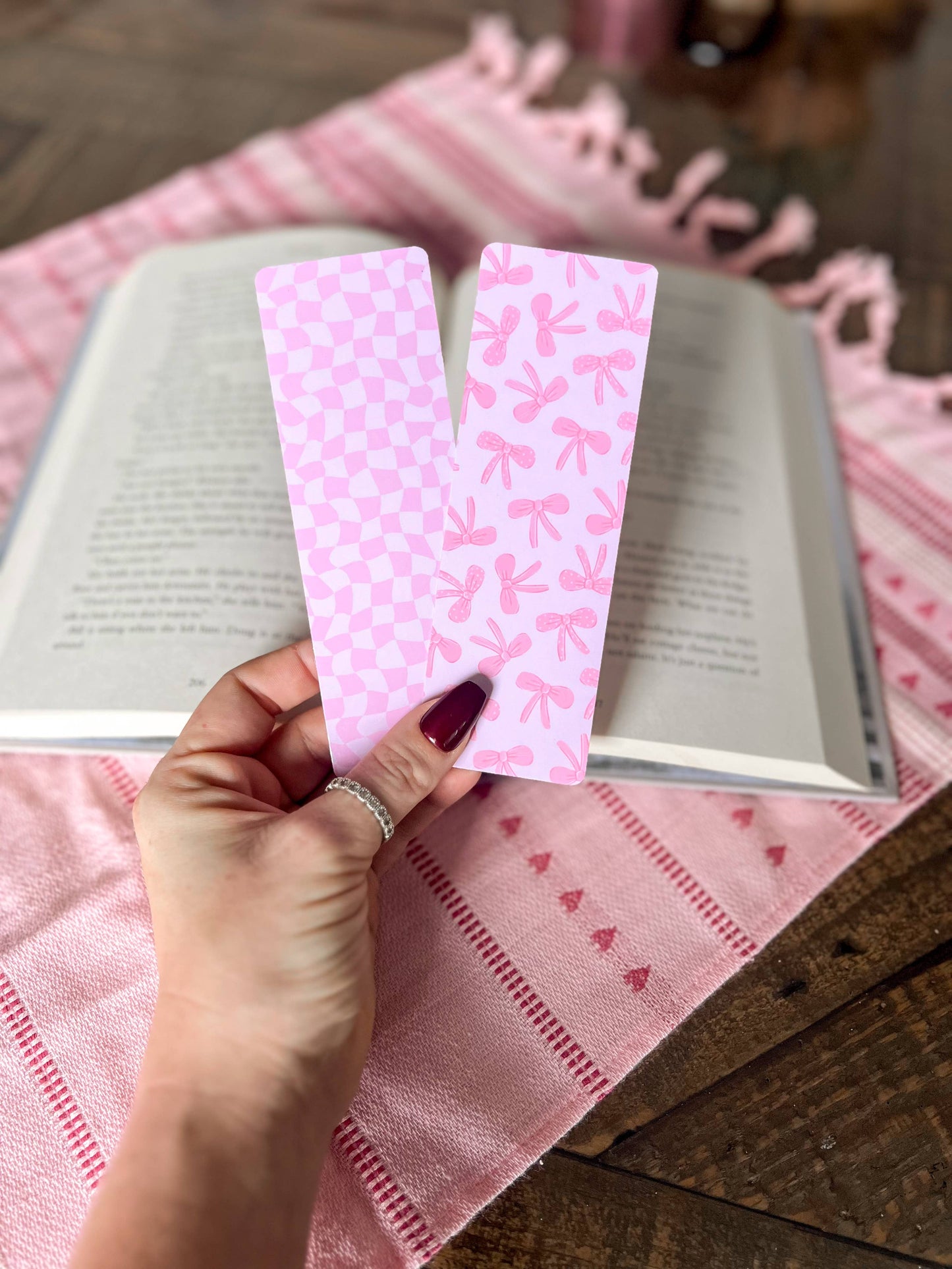 Pink Coquette Bow Bookmark: Checker / Soft Touch Matte