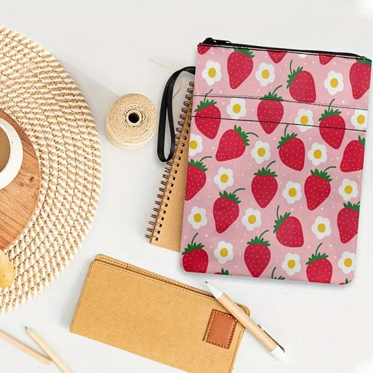 Vibrant Strawberry Pattern Canvas Book Sleeve with Zipper